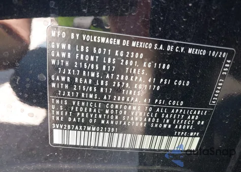 2021 Volkswagen Tiguan 2.0T Se/2.0T Se R-Line Black/2.0T Sel из США, поврежденный, VIN 3VV2B7AX7MM021391